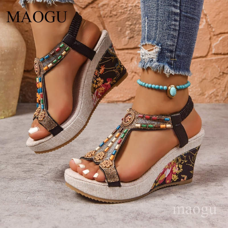 Ethnic And Fashion - Sandales compensées bohèmes à perles et